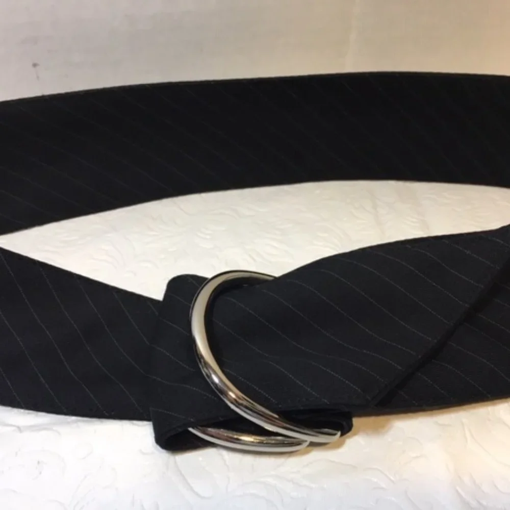 Black Striped Cloth Belt Double Silver Toned Buckles